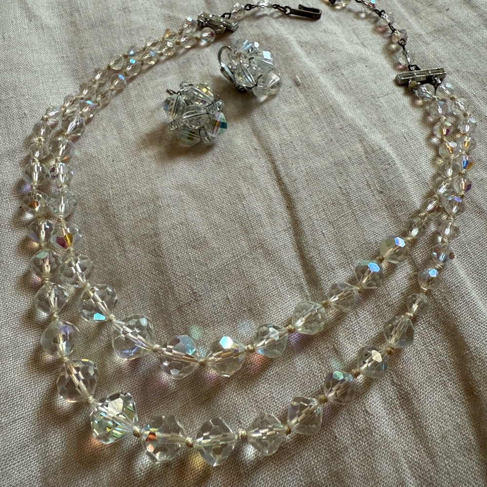 Vintage Laguna Signed AB Aurora Borealis Crystal  Necklace and Clip on Earrings